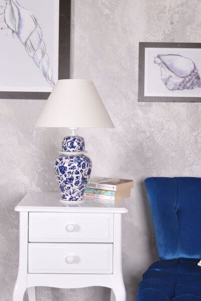qdec Bleu Blanc Şah Vazo Abajur Lotus K.Beyaz