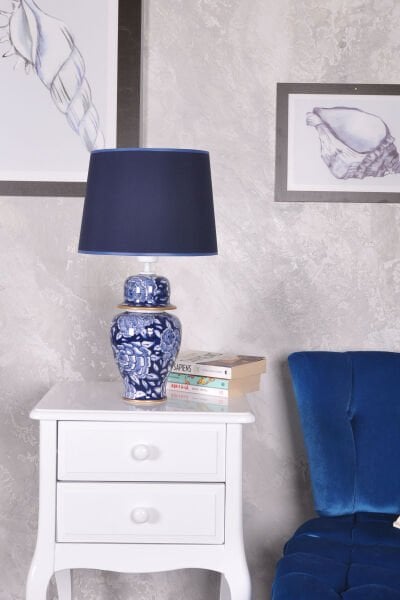 qdec Bleu Blanc Şah Vazo Abajur Taramalı Gül Mavi