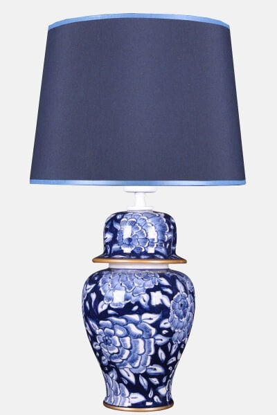 qdec Bleu Blanc Şah Vazo Abajur Taramalı Gül Mavi