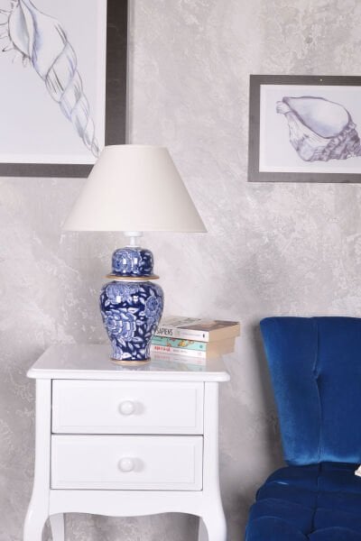 qdec Bleu Blanc Şah Vazo Abajur Taramalı Gül K.Beyaz