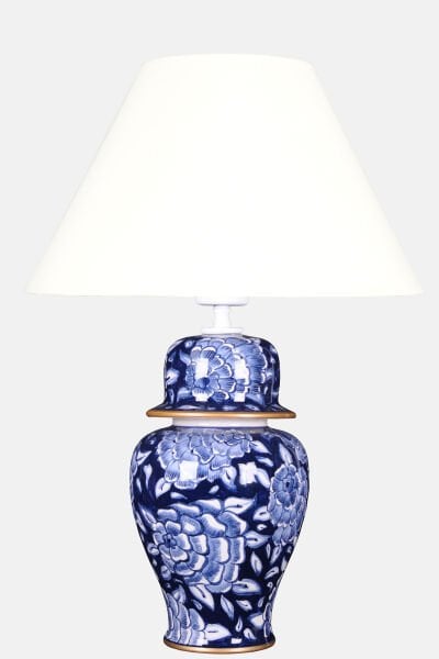 qdec Bleu Blanc Şah Vazo Abajur Taramalı Gül K.Beyaz