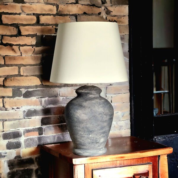 Qdec Vintage Seramik Abajur Rustik Modern Gri - Ekru